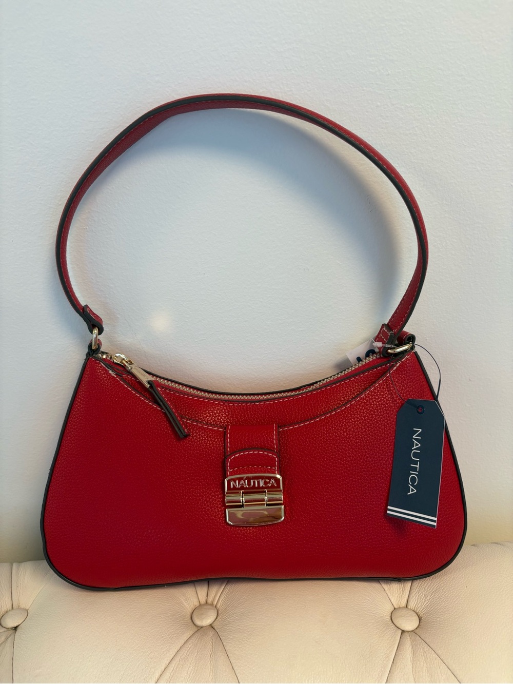 Nautica Red Pebbled Leather Shoulder Bag with Gold Hardware